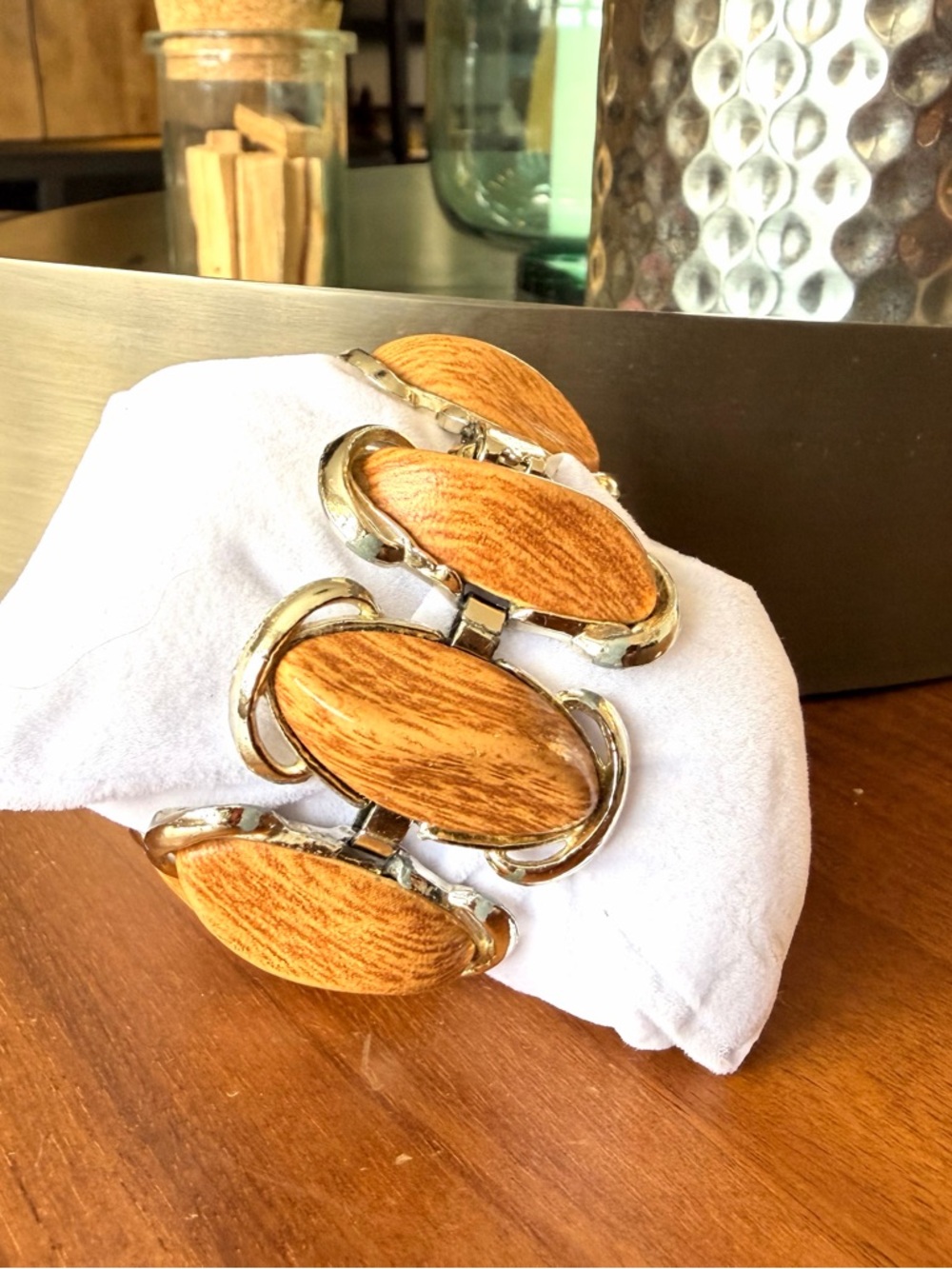 Vintage Silver and Faux Wood Link Bracelet - Picture 3 of 8